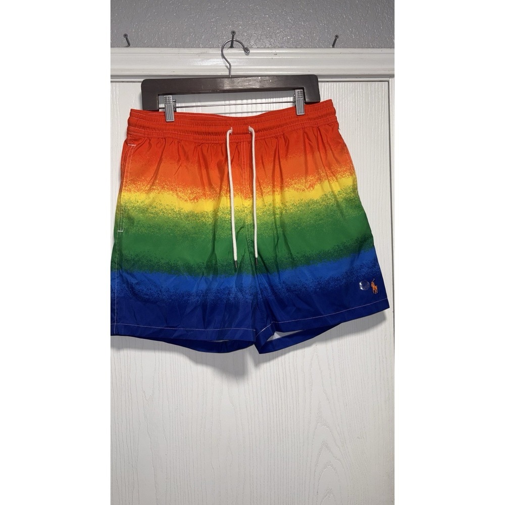 Polo Ralph Lauren Mens Rainbow Multicolor Striped Swim Trunks‎ Shorts Large